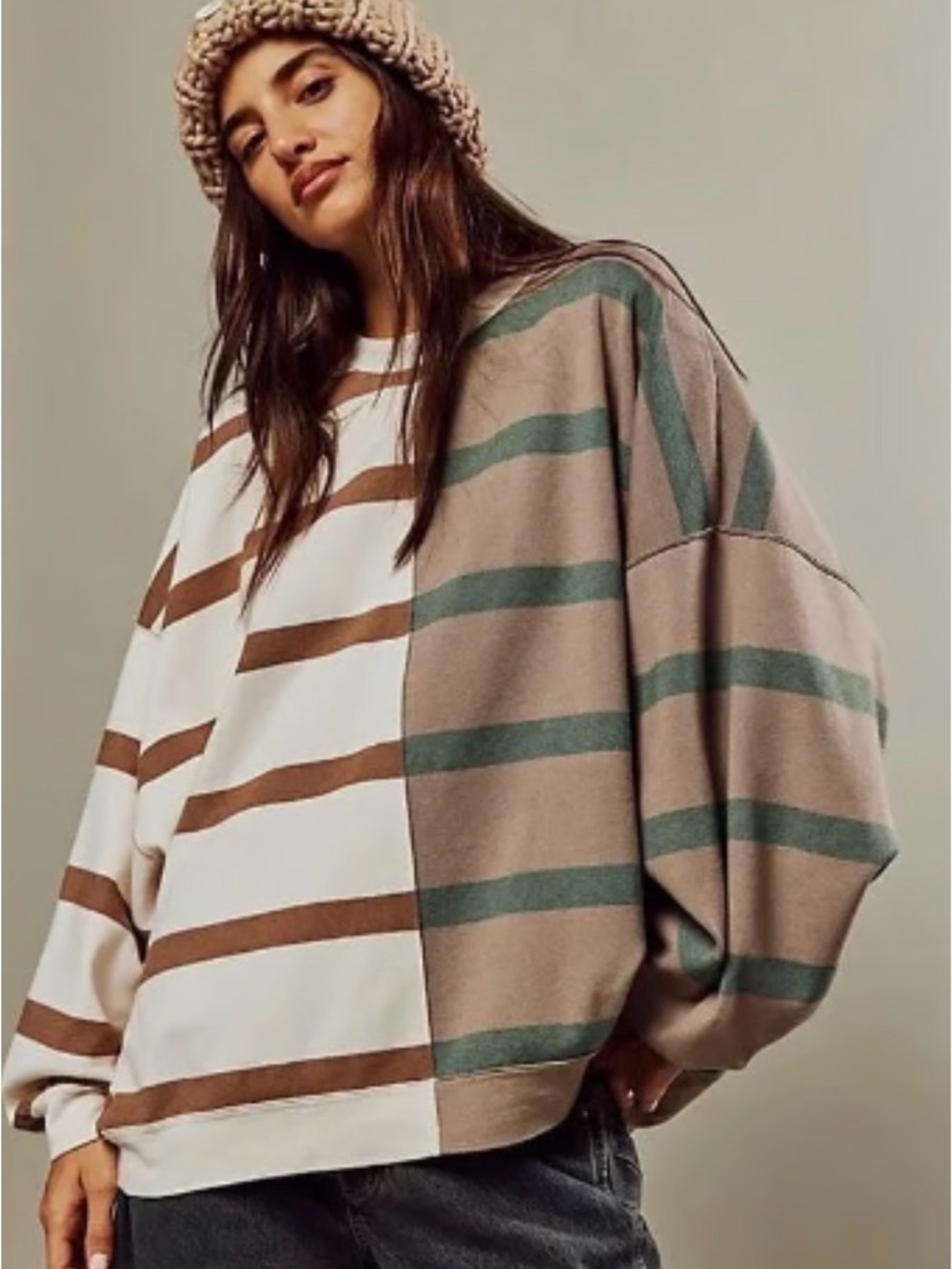 Free People Two-Tone Striped Crewneck Sweater - Cream, Brown, Green - Picture 3 of 4